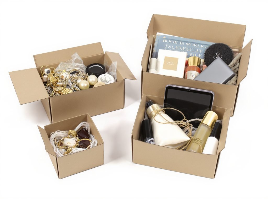 Standard small e-commerce shipping boxes 4x4x4 to 8x8x8 inches with products