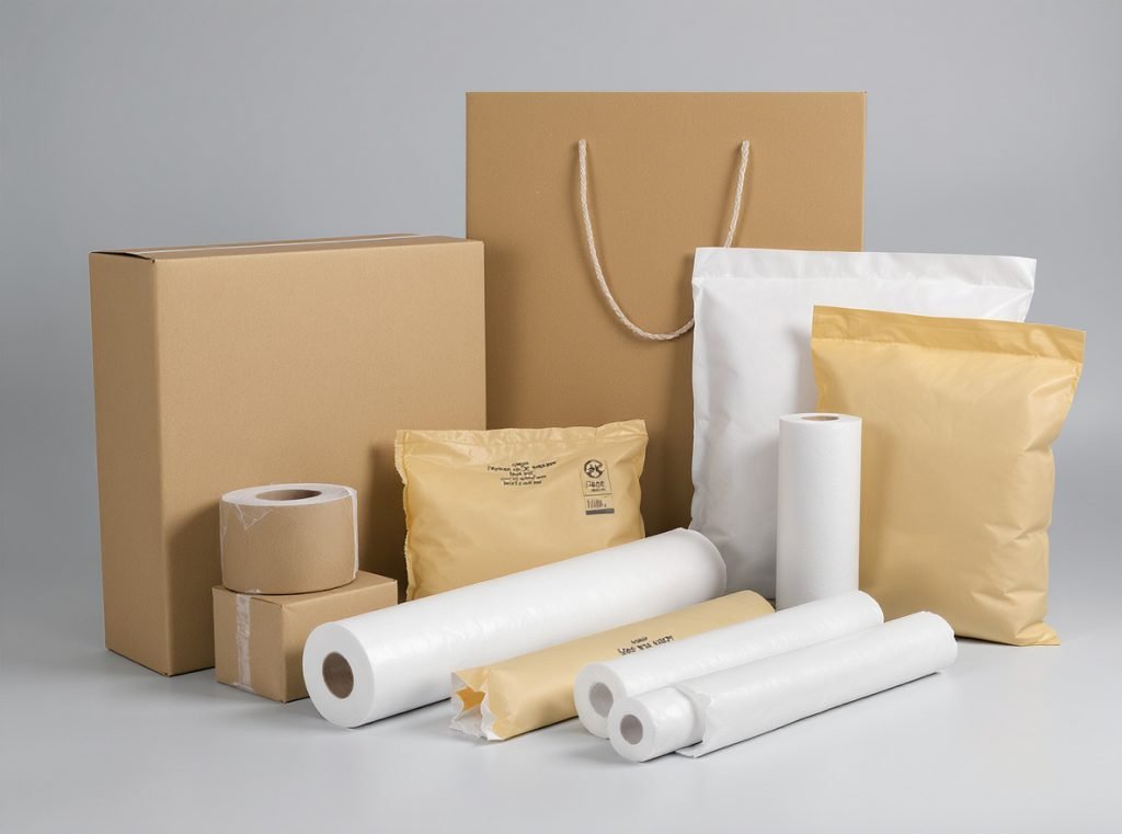 Various packaging materials including corrugated boxes, poly mailers, and tissue paper for clothing protection