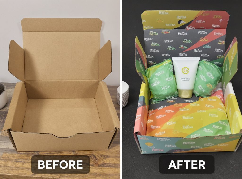Before and after comparison of plain cardboard box interior versus custom internal printing design