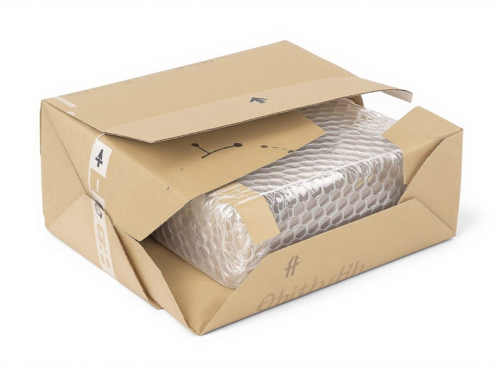 Cross-section of padded mailer showing internal bubble wrap cushioning and protective layers
