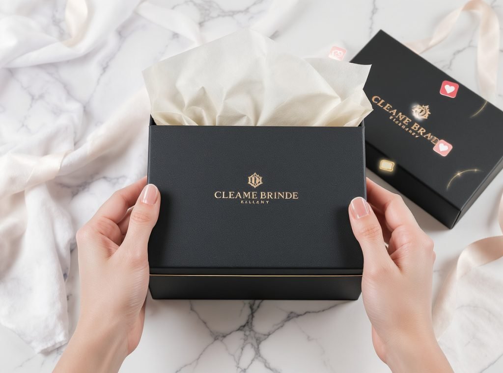 Luxury unboxing experience with custom branded shipping box showing premium packaging benefits