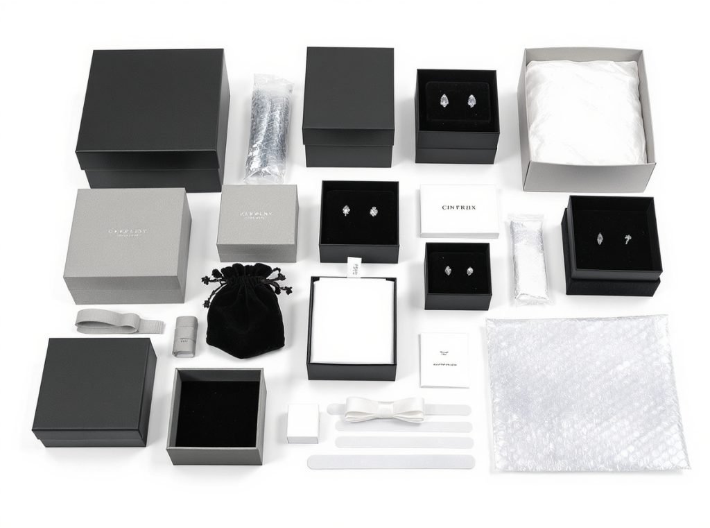 Essential jewelry packaging materials including boxes, foam inserts, anti-tarnish strips, and protective wrapping