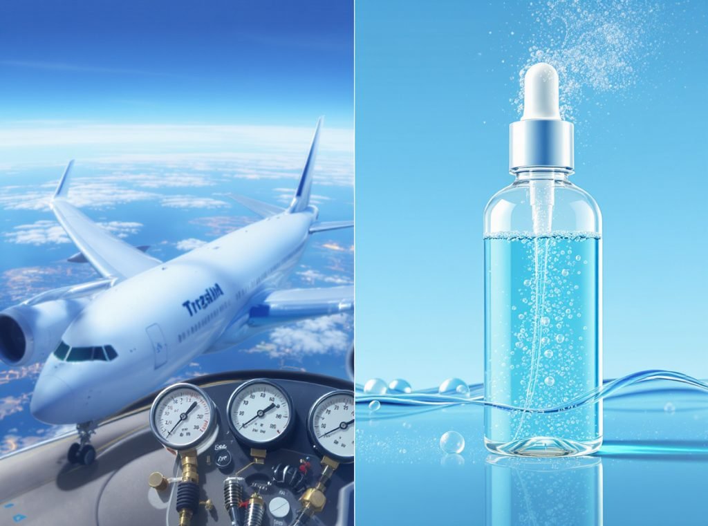 Cabin pressure effects on cosmetic packaging during flight showing air expansion and pressure differentials