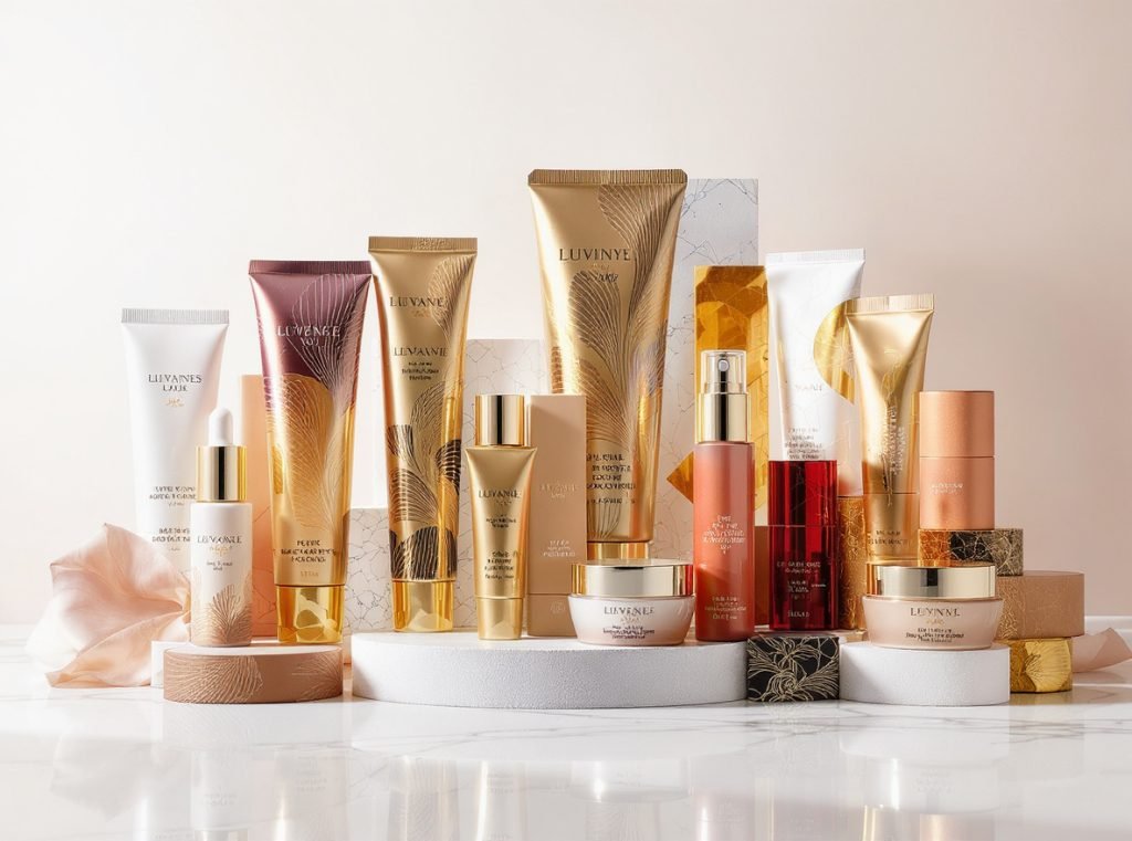 Final showcase of luxury cosmetic packaging with foil stamping and embossing finishes
