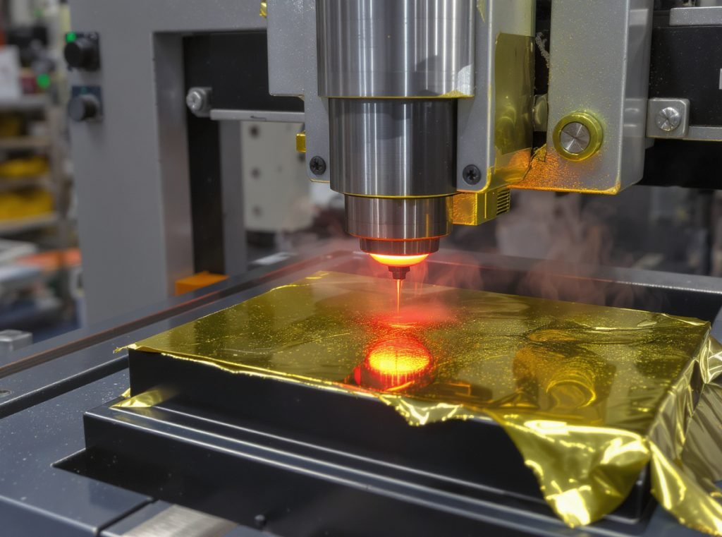 Hot foil stamping machine applying metallic foil to cosmetic packaging
