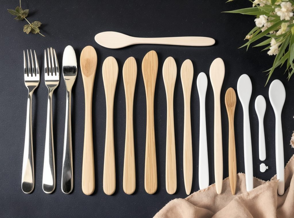Different types of cosmetic spatulas including stainless steel bamboo and plastic materials