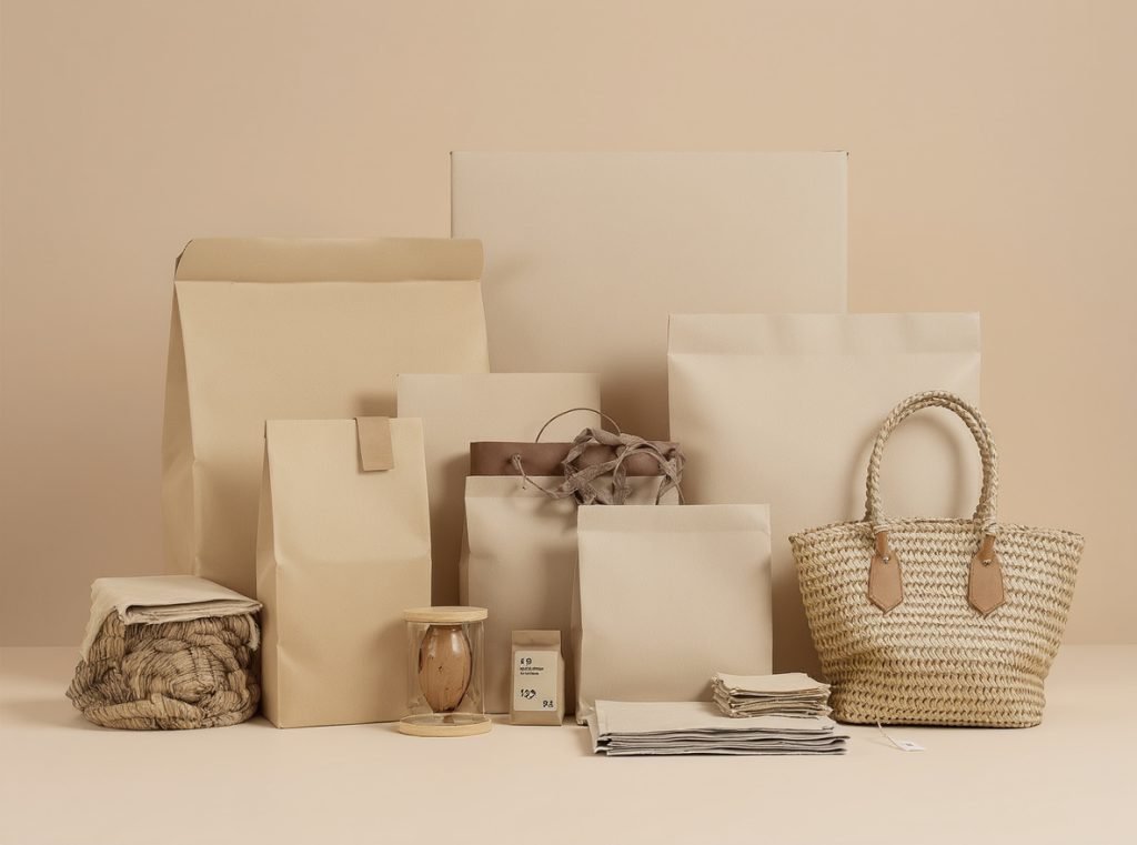 Various e-commerce packaging materials including corrugated cardboard, kraft paper and sustainable options
