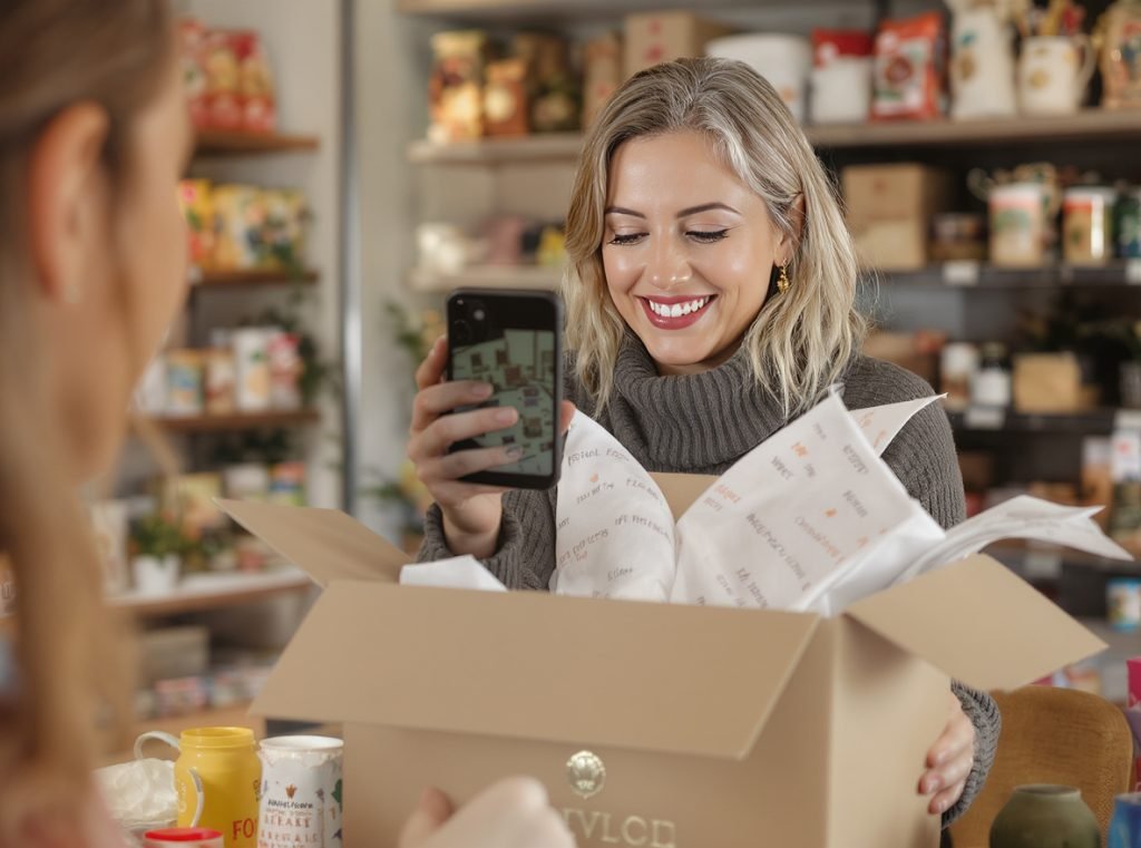 Customer photographing branded packaging interior for social media sharing