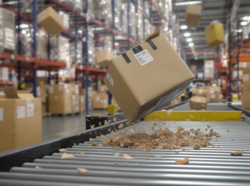 Package being dropped during shipping showing main causes of product damage