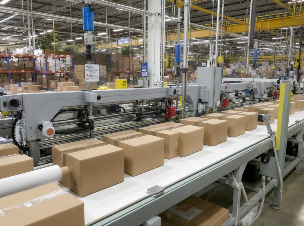 Custom right-sized packaging production showing on-demand box cutting and precision fitting