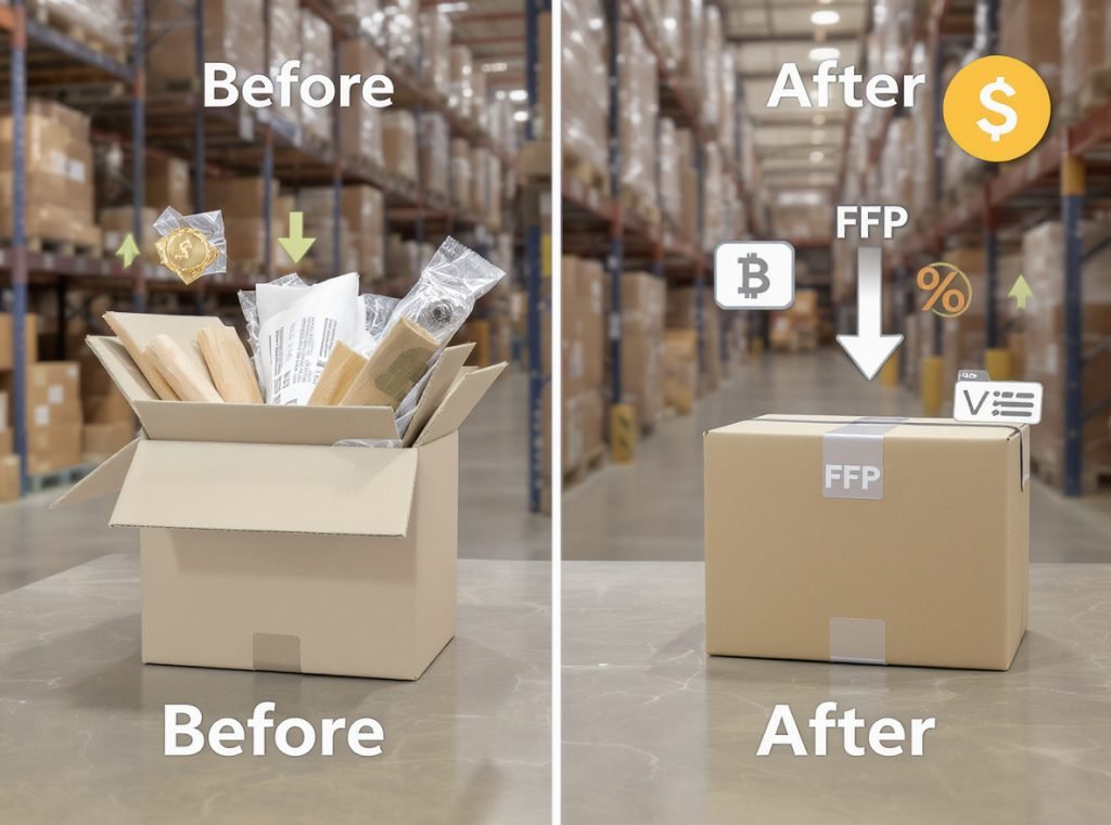 Cost comparison showing traditional oversized packaging versus efficient frustration-free packaging