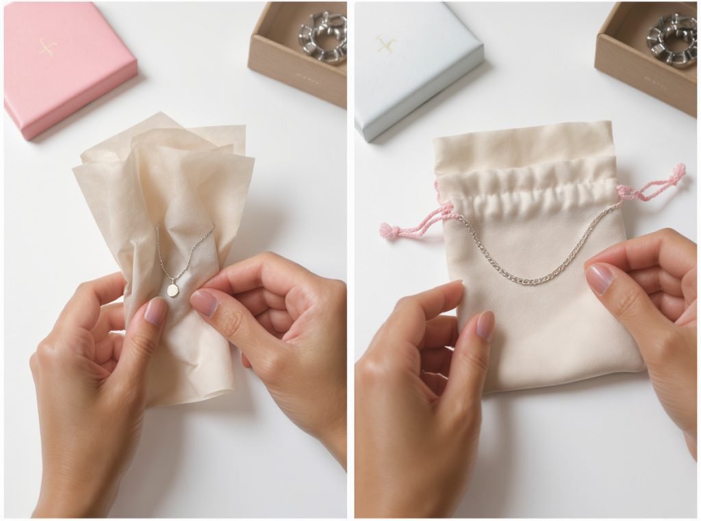 Proper jewelry wrapping technique with anti-tarnish tissue paper and velvet storage pouch
