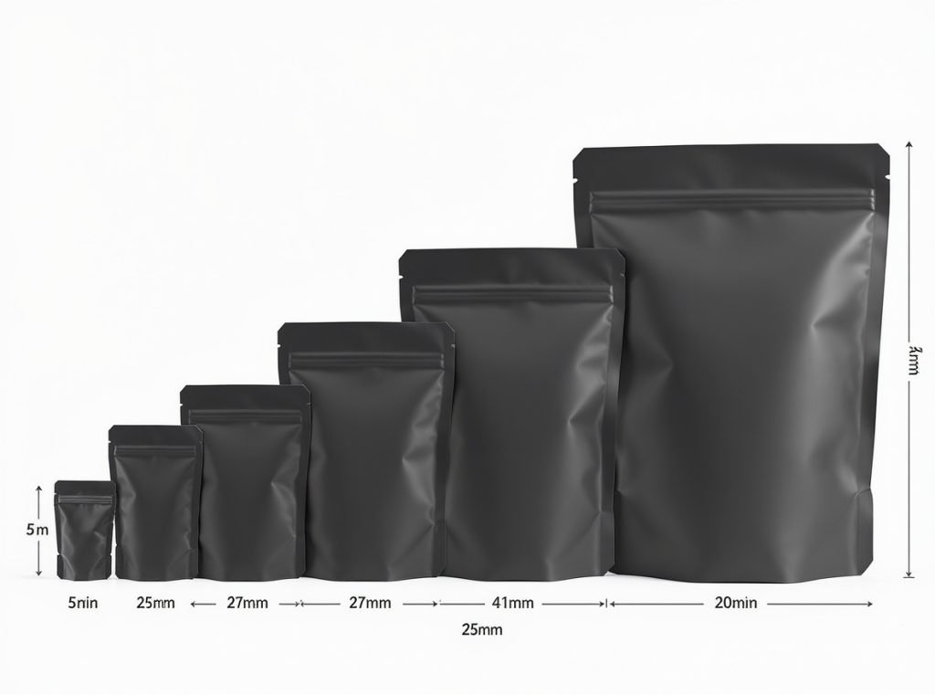 Industry standard pouch sizes comparison chart showing different packaging dimensions for various products