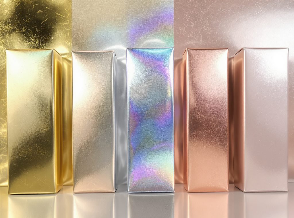 Various foil types and finishes on cosmetic packaging including gold silver holographic
