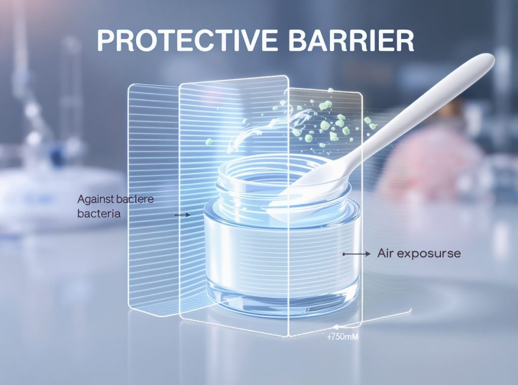 Scientific illustration showing how spatulas protect cosmetic products from contamination