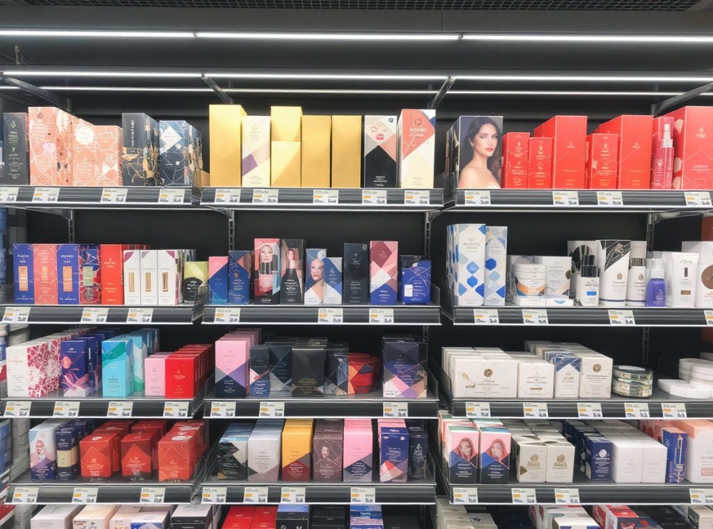 Modern beauty packaging designs with vibrant colors and premium materials displayed on retail shelf