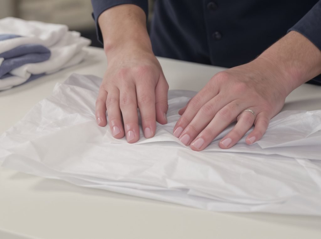 Professional technique showing tissue paper placement between clothing folds for wrinkle prevention