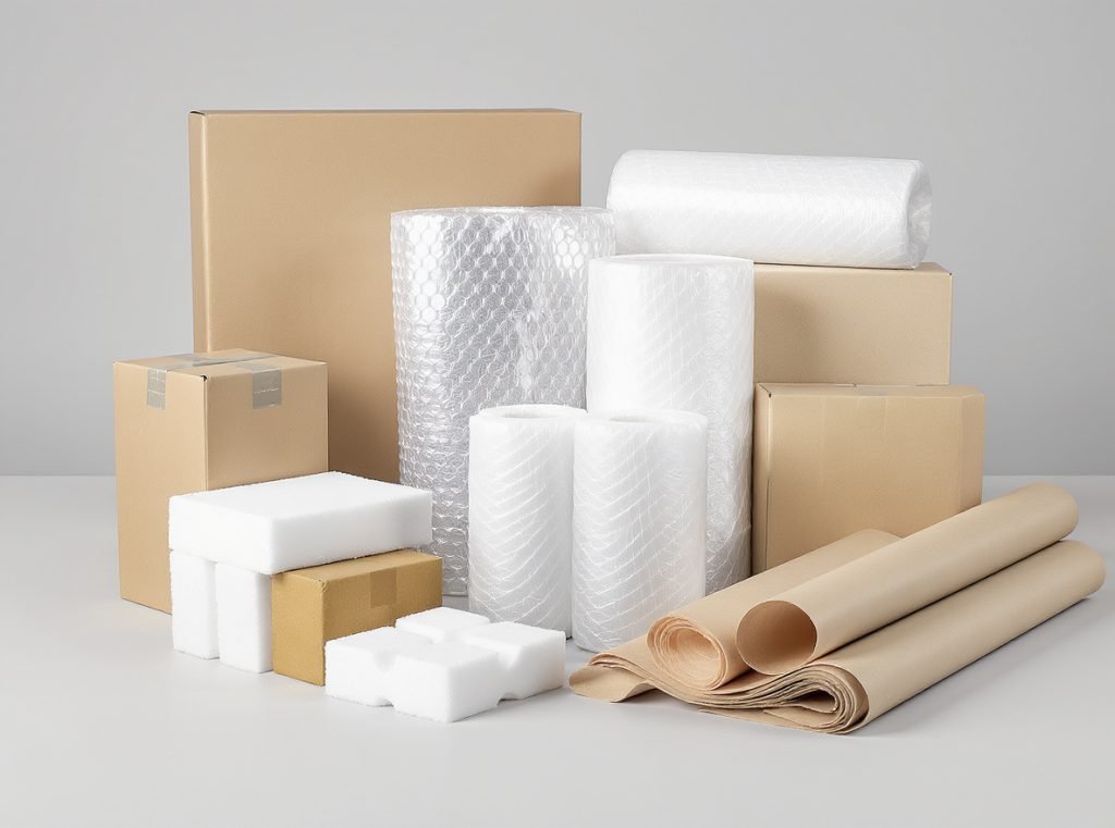 Different protective packaging materials including corrugated boxes bubble wrap and foam