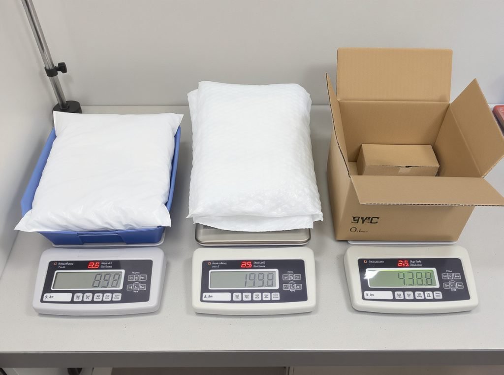 Lightweight packaging materials comparison showing poly mailers, bubble mailers, and corrugated options