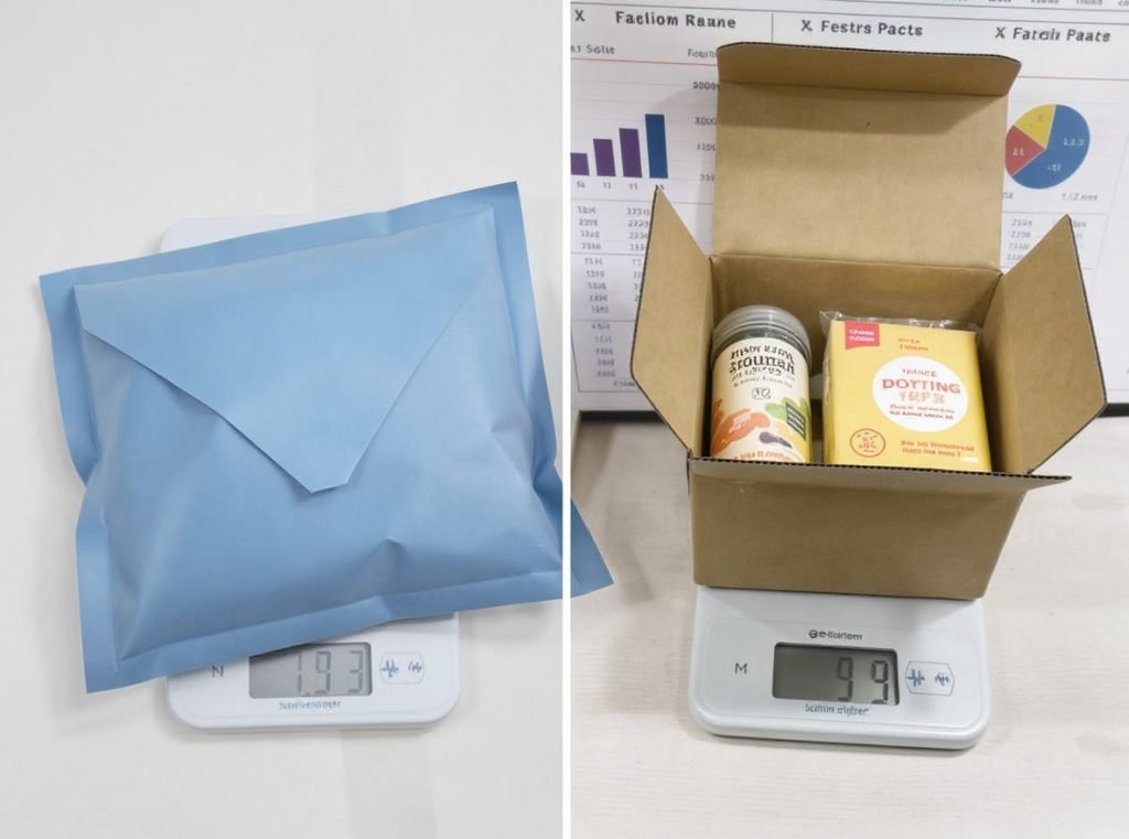 Padded mailer vs shipping box comparison showing size and weight differences