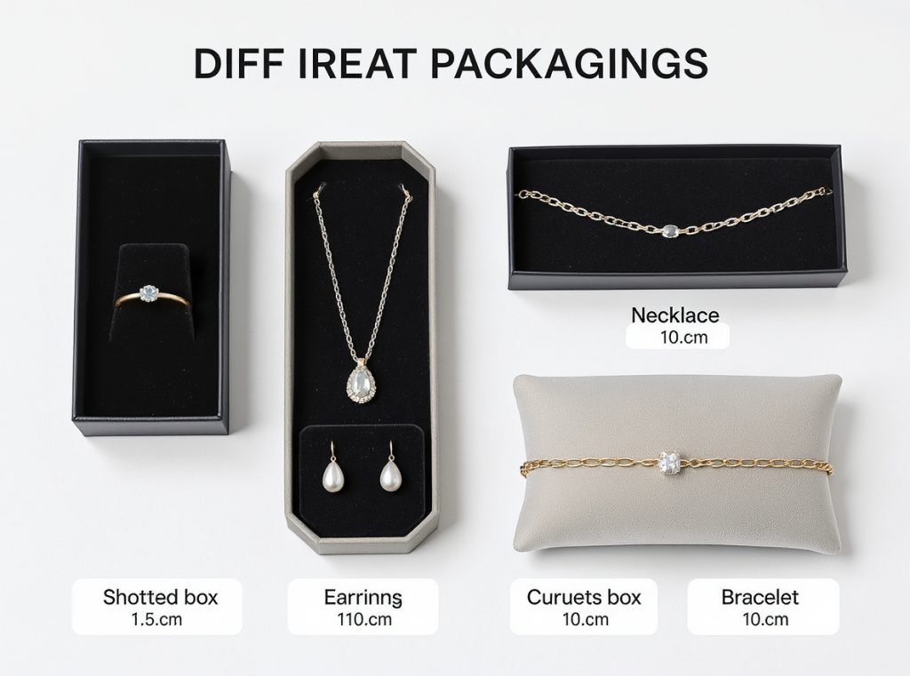 Different jewelry types in appropriate packaging solutions - rings, necklaces, earrings, and bracelets
