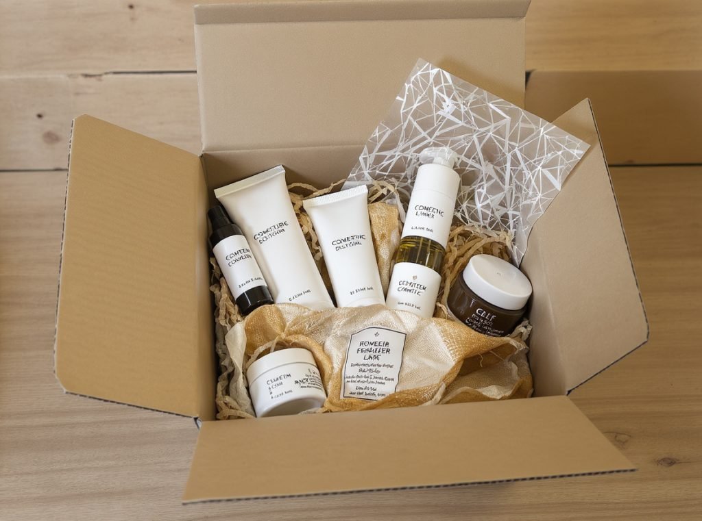 Corrugated cardboard shipping boxes protecting cosmetic products during transportation