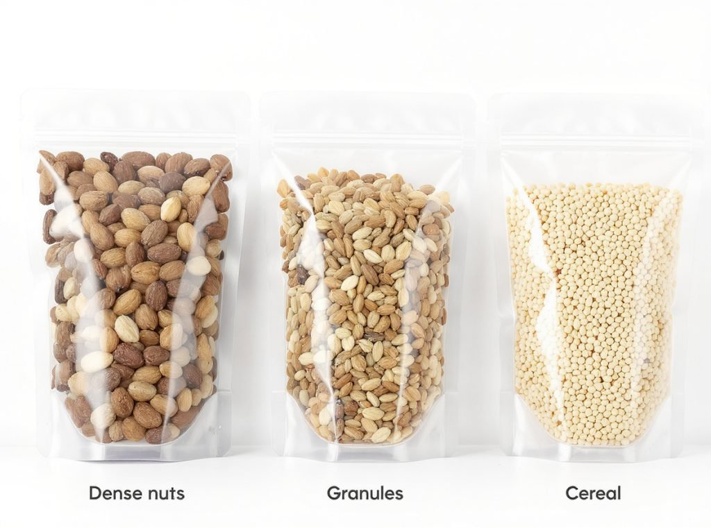 Bulk density comparison showing how different product densities affect pouch size requirements