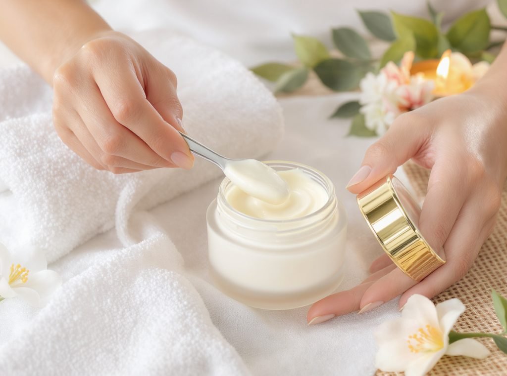 Luxury skincare experience using premium spatula for hygienic cream application