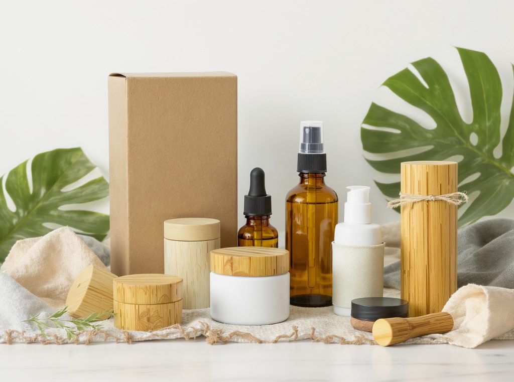 Sustainable beauty packaging materials including recycled cardboard, bamboo containers, and refillable bottles