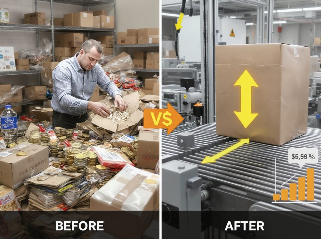 Packaging cost reduction strategies showing optimization from wasteful to efficient packaging