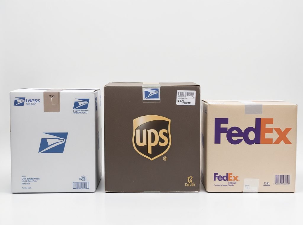USPS UPS FedEx shipping boxes comparison showing carrier-specific sizes