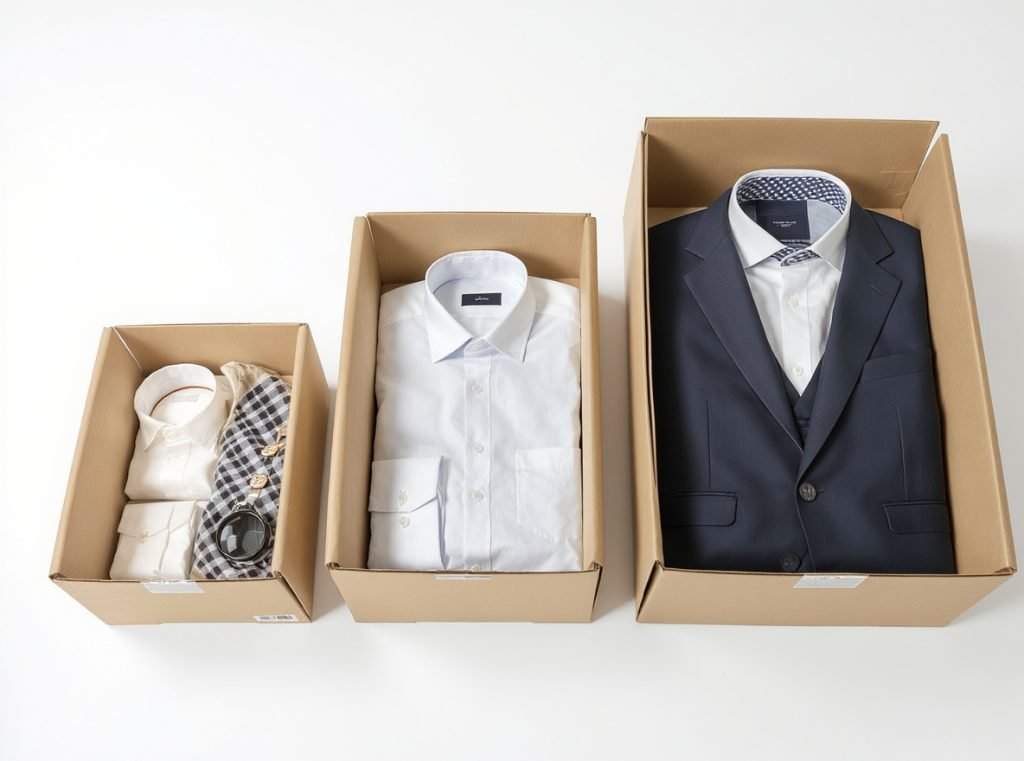 Different sized shipping boxes showing optimal fit for various clothing categories and garment types