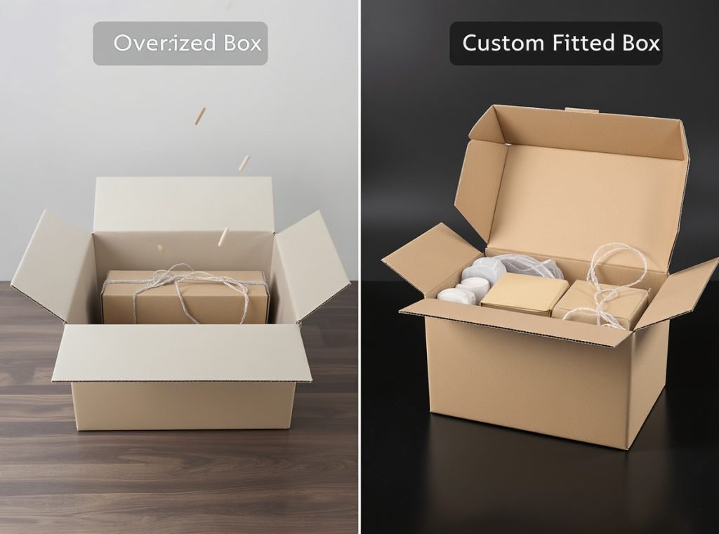 Custom packaging design vs standard boxes showing perfect fit damage reduction