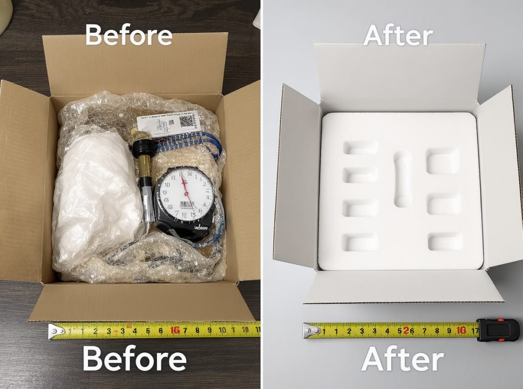 Void fill elimination comparison showing excessive packaging versus optimized custom inserts