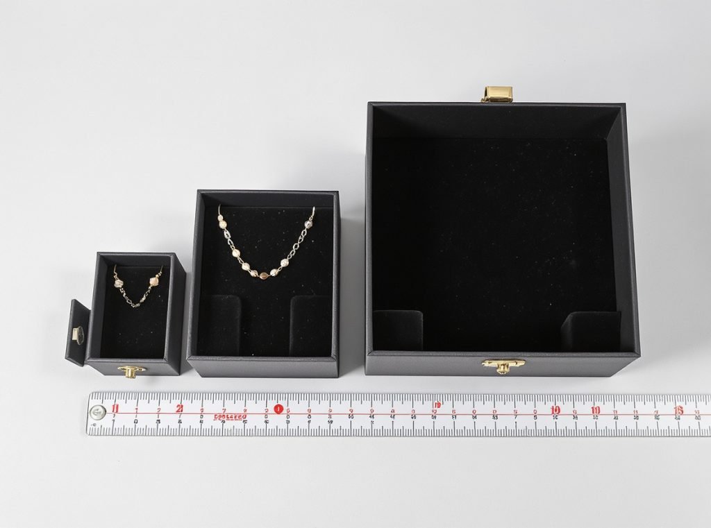 Jewelry box sizing guide showing measurement techniques and proper dimensions for different pieces