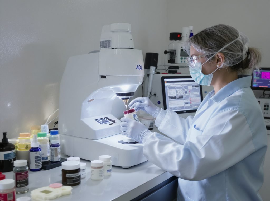 Quality assessment procedures for cosmetic jars including laboratory testing and AQL standards