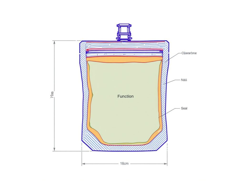 Technical pouch design showing sealing areas, clearances, and critical factors beyond volume calculations