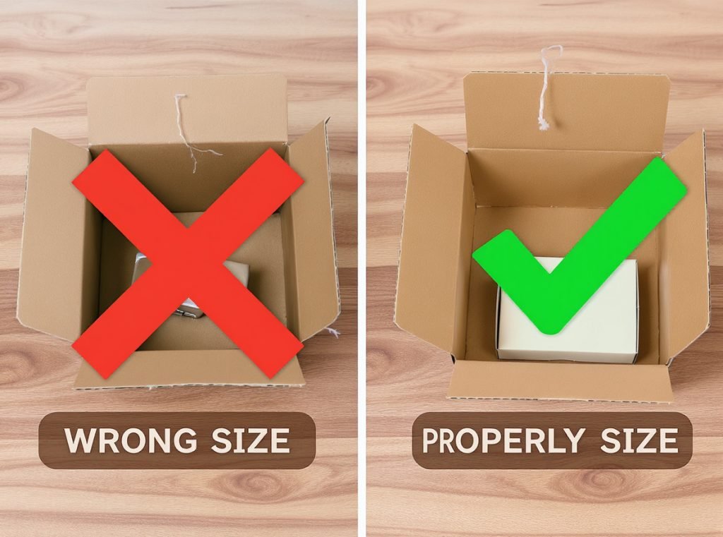 E-commerce shipping box sizing mistakes showing oversized versus properly sized packages