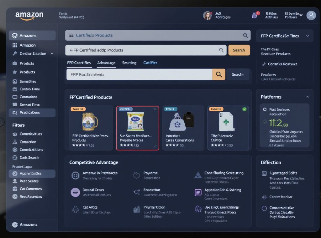 Amazon marketplace dashboard showing frustration-free packaging certification benefits and visibility