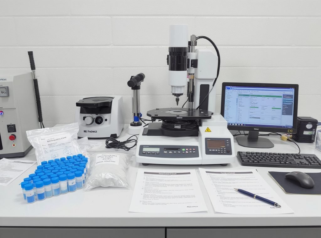 Pouch size testing and validation station showing quality control procedures for packaging decisions