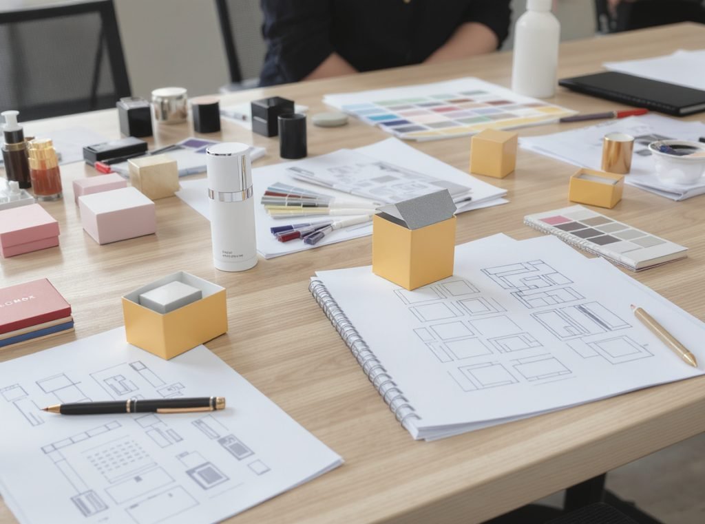 Cosmetic packaging design workspace with finishing technique samples and prototypes