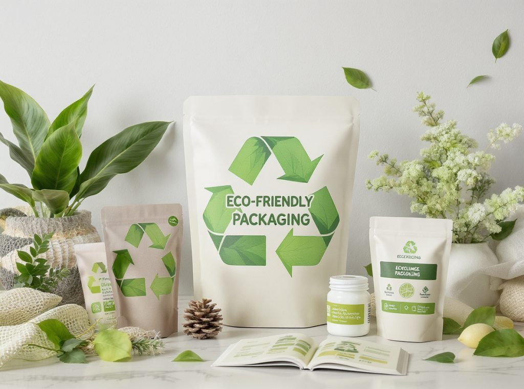 Sustainable eco-friendly packaging materials with recycling symbols and customer loyalty indicators