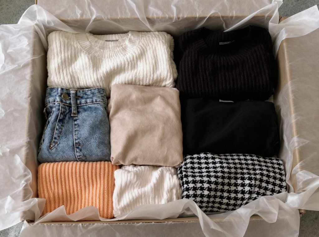 Multiple clothing items properly organized in shipping box with tissue paper barriers and systematic layering