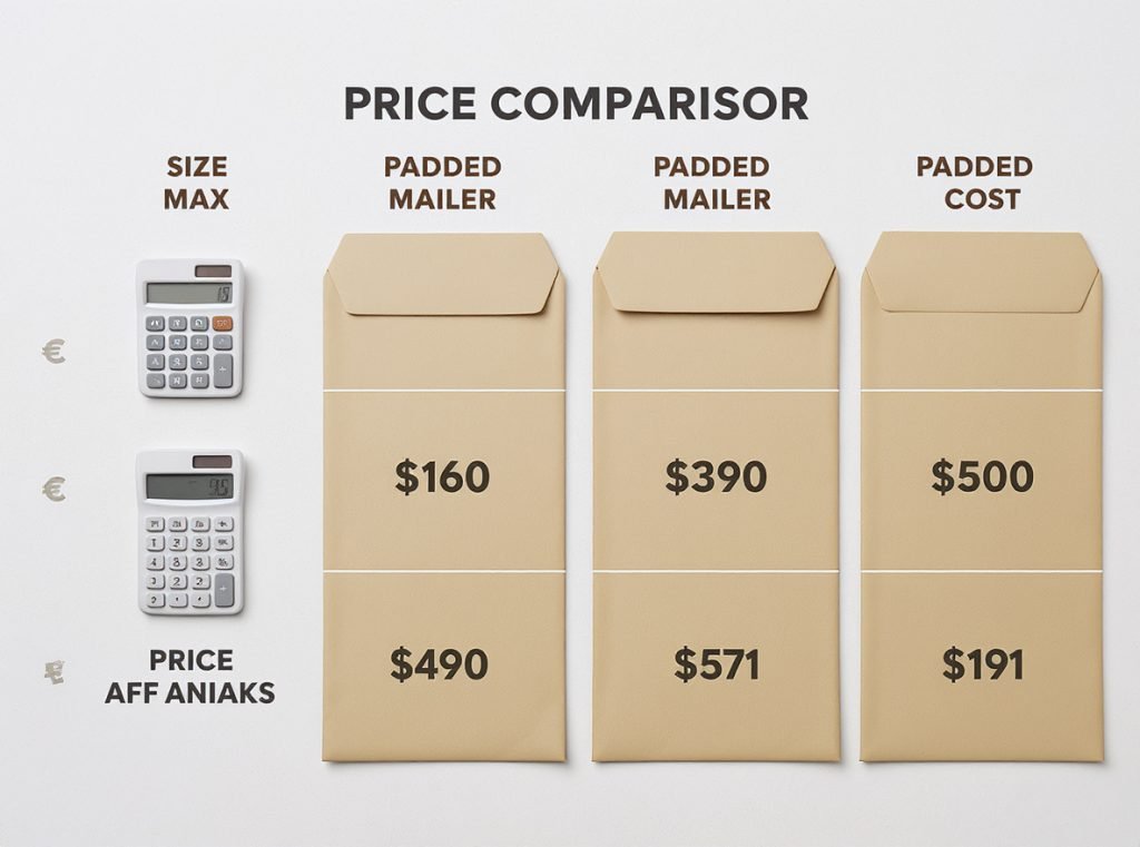 Padded mailer pricing chart showing costs for different sizes and volumes