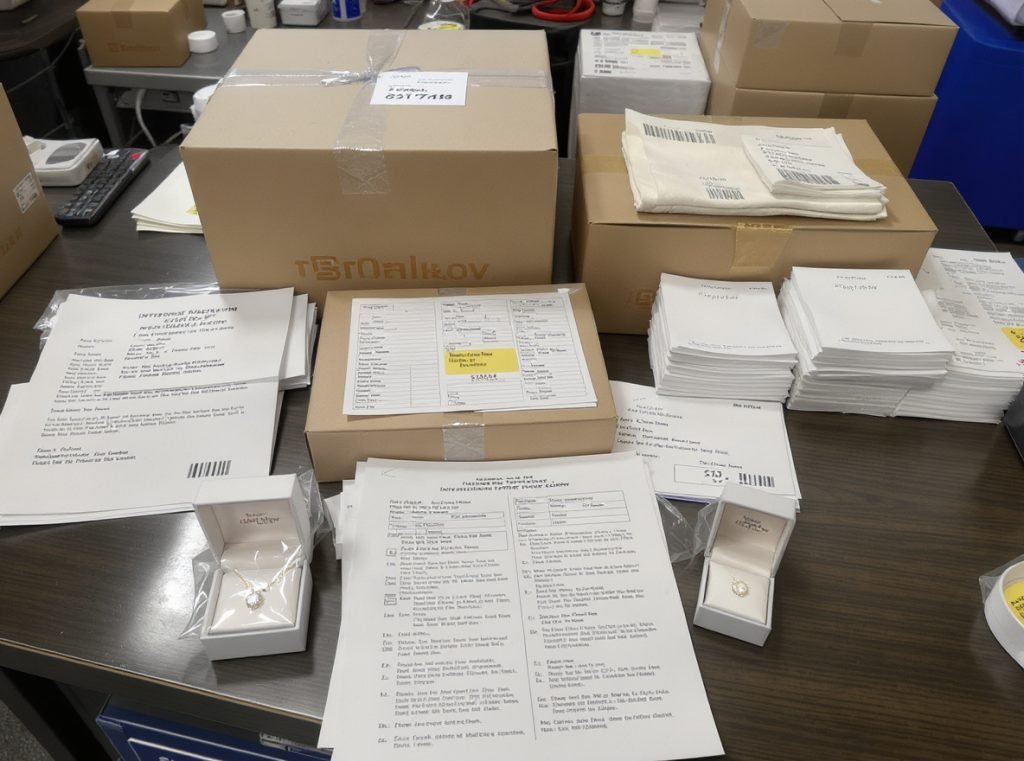 International jewelry shipping setup with discrete packaging, customs forms, and tracking documentation