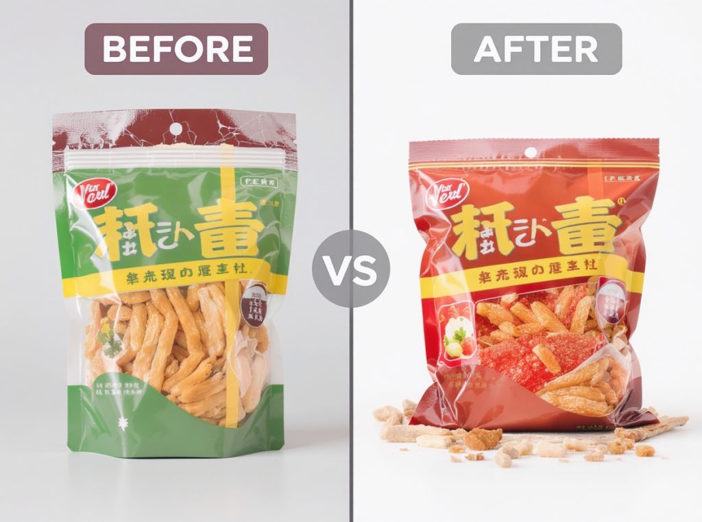 Common pouch sizing mistakes comparison showing incorrect versus correct packaging solutions