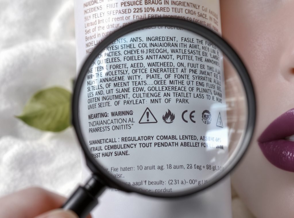 Detailed beauty product labels showing FDA compliance requirements and ingredient information