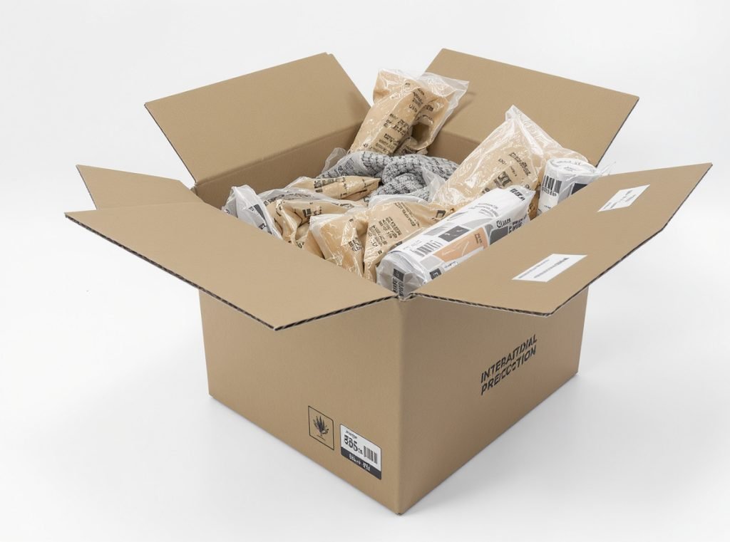 International shipping setup with double-walled boxes and moisture protection for clothing shipments