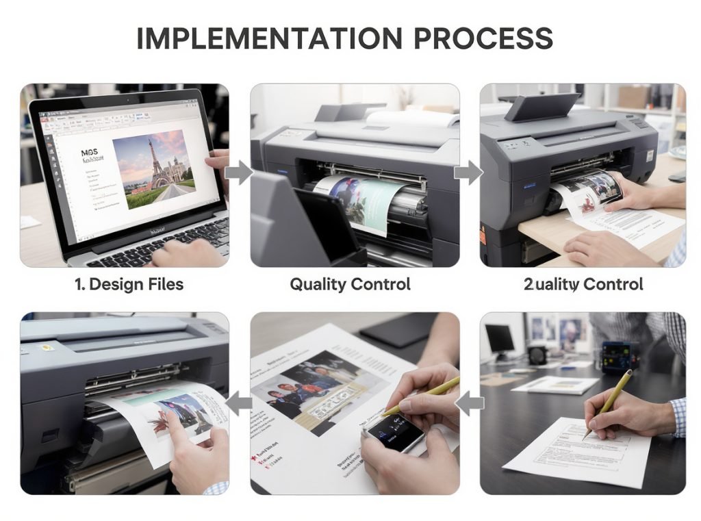 Internal printing implementation process showing design development and quality control steps