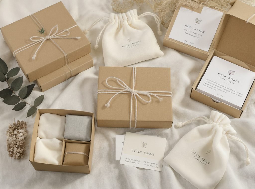 Sustainable eco-friendly jewelry packaging materials including recycled boxes and organic cotton pouches
